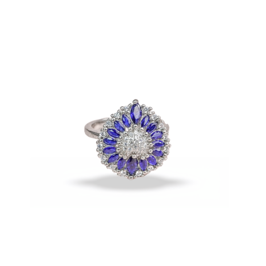 Silver Premium CZ Heart Blue Stone Ring for Ladies