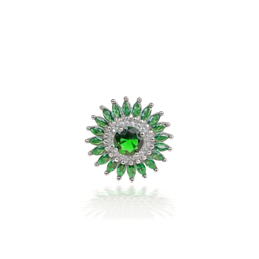 Silver Vibrant Green Flair Round Simulated Emerald Ring for Girls