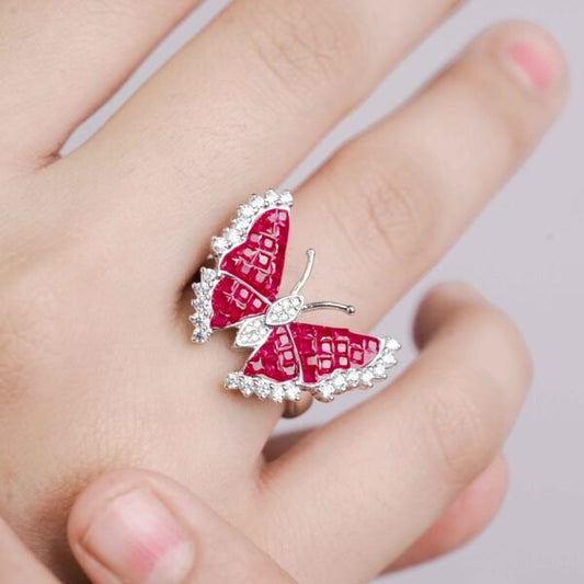 Vibrant CZ Studded Red Butterfly Ring for Girls