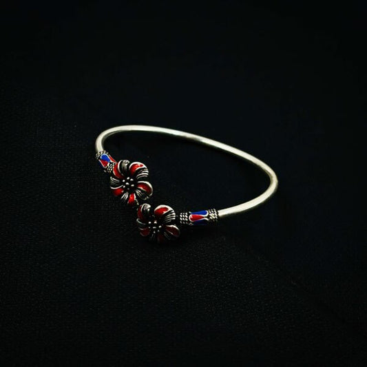Vintage Red Flower Oxidized Silver Kada for Women