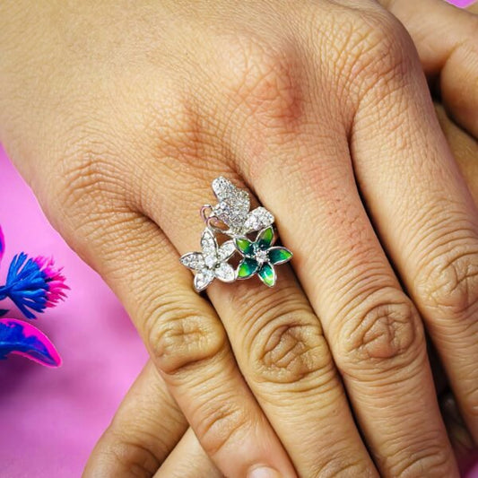 Delightful Green Flower CZ Silver Ring for Her