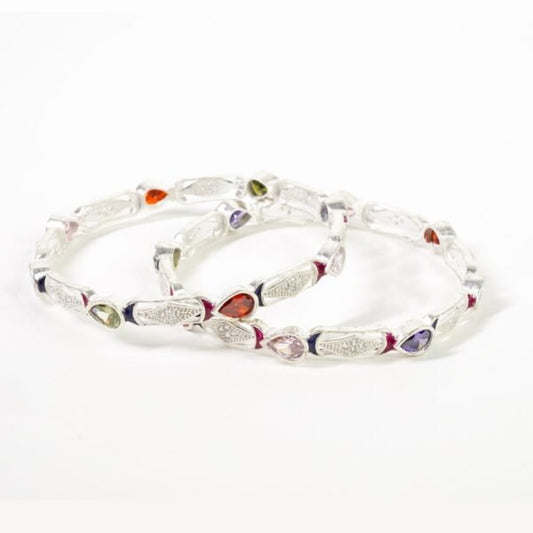 Classic Colorful Drop-cut Gemstones Silver Bangles for Women