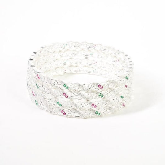 Casual Pink & Green Gems Twisted Silver Bangles for Her