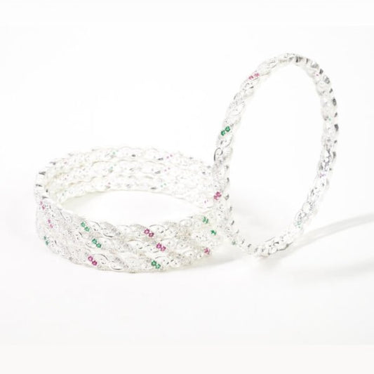 Casual Pink & Green Gems Twisted Silver Bangles for Her