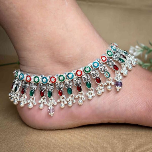 Silver Classic "Mirah" Multi-Gemstone Bridal Payal