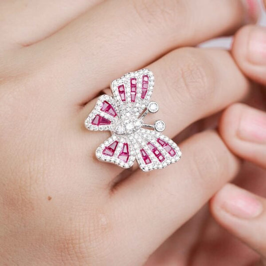 Glamorous Pink Gems Studded CZ Butterfly Ring for Her