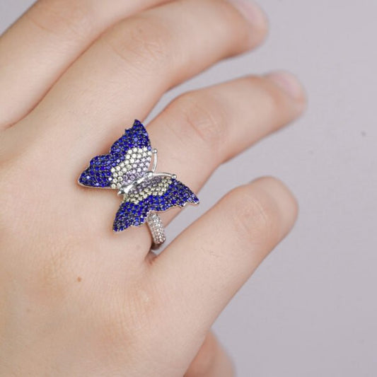 925 Silver Vintage Horizon Navy Blue Gems Butterfly Ring