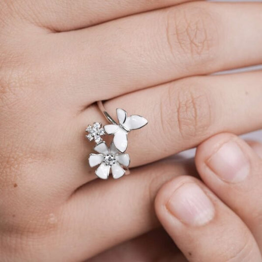 Glamorously Handcrafted White Lily & Butterfly Silver Ring for Women