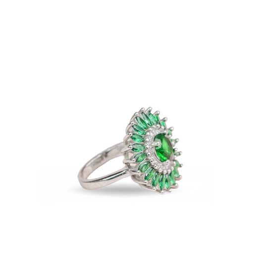 Silver Vibrant Green Flair Round Simulated Emerald Ring for Girls