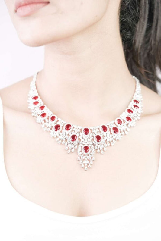 925 Silver "Queen's Aura" Red Ruby AD Necklace Set for Ladies