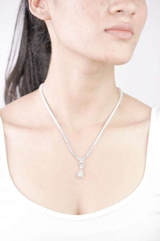 Sterling Silver Premium "Midnight Spark" American Diamond Necklace Set for Her