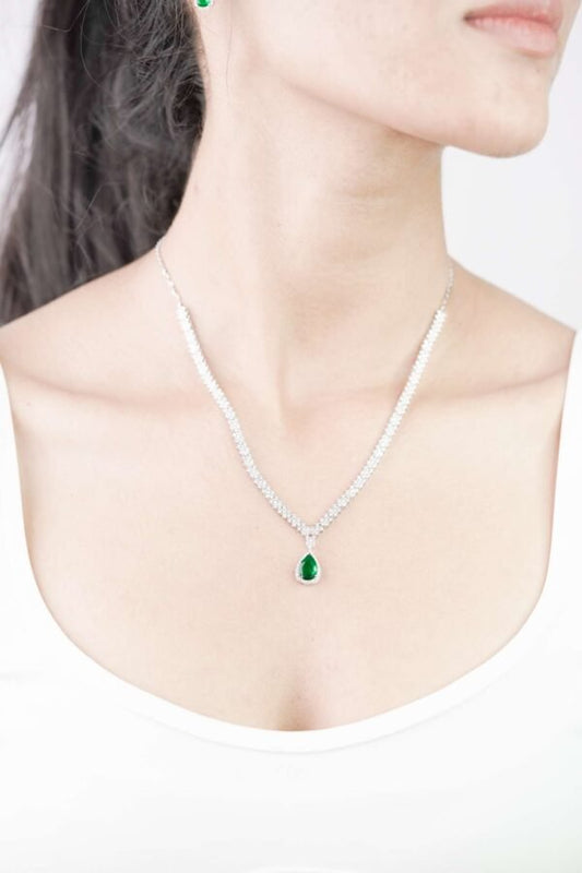 Sterling Silver "Nature's Ambience" Green Pendant AD Necklace Set for Women