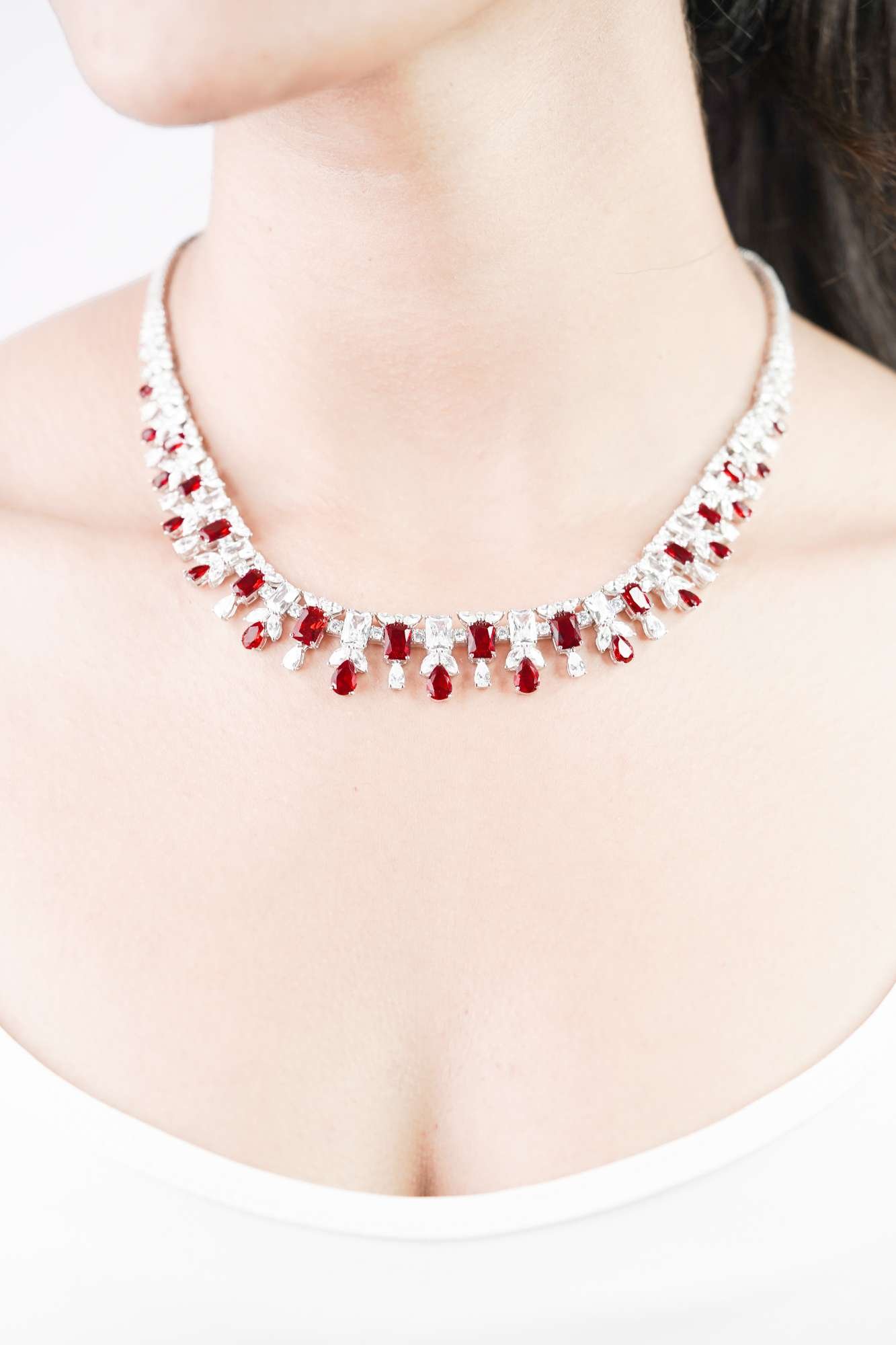 front image view of Silver Exclusive "Mystic Gleam" Red Gemstone Necklace Set for Women