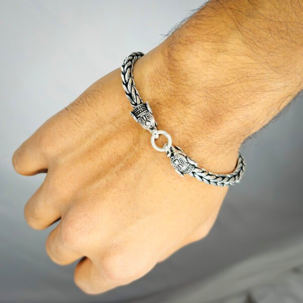 Model Hand Image view for Classic Oxidized Sterling Silver Gajmukh Men's Bracelet