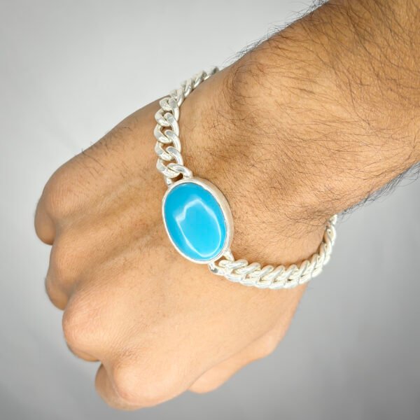 Model Hand Image view for Silver Bold Simulated Turquoise Chain Bracelet for Men