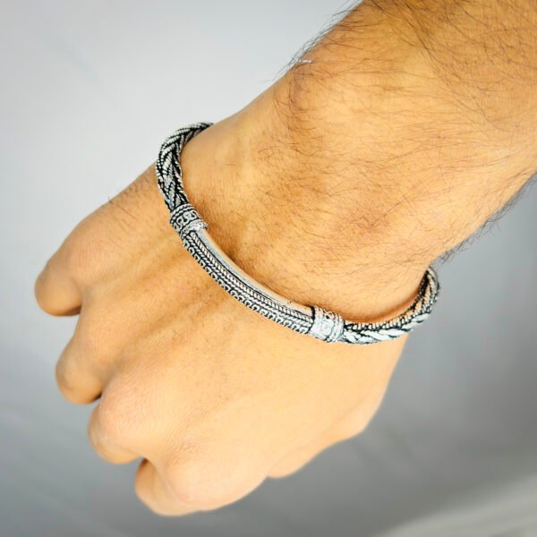 Model Hand Image view for Vintage Stylish Oxidised Silver Bracelet for Men