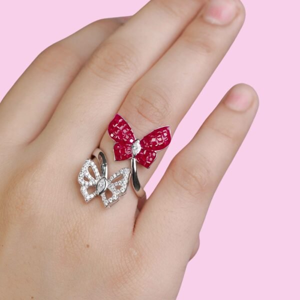 Sterling Silver Premium Red Dual Butterfly Ring for Girls - Image 2