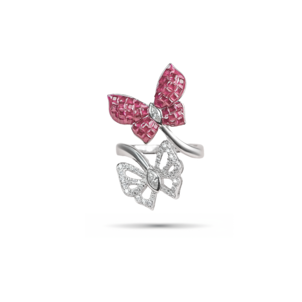 Sterling Silver Premium Red Dual Butterfly Ring for Girls